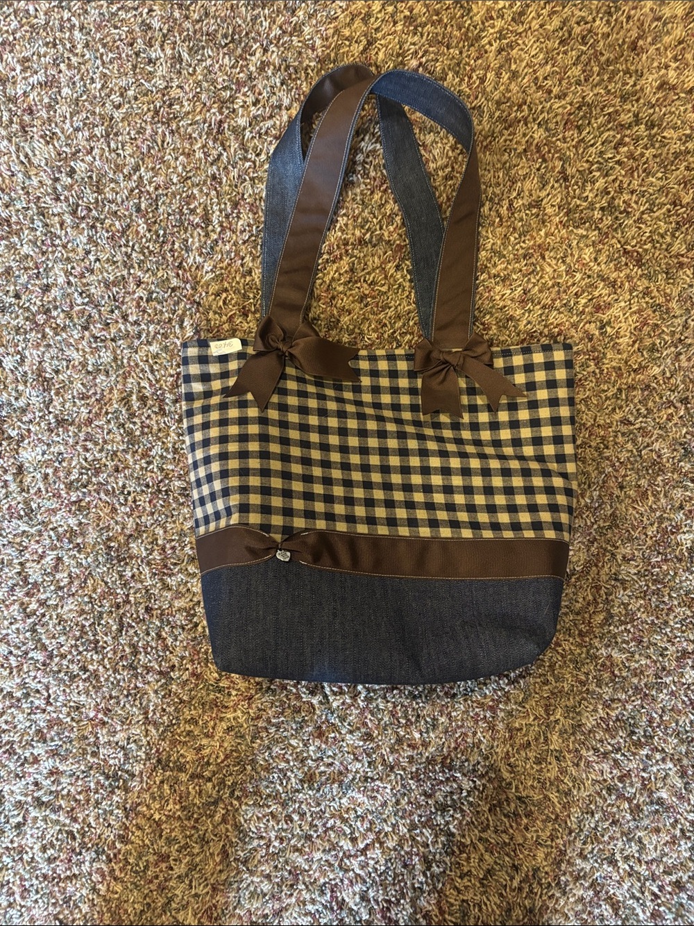 Brown Plaid Tote Bag with Bow Accent - Unbranded